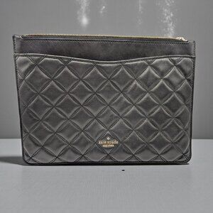 Kate Spade Natalia Large Zip Pouch Black Quilted Leather Front Pocket EUC